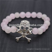 2014 Nouveau motif en pierres naturelles Rose Quartz avec bracelet en crâne Diamante